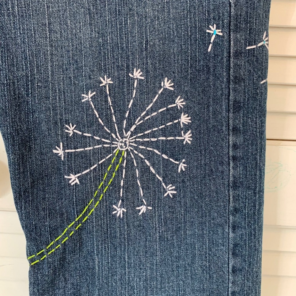 Garnet Hill Jeans Blue Denim Embroidered Dandelion Flower Women 14 Boho Festival - Picture 3 of 16